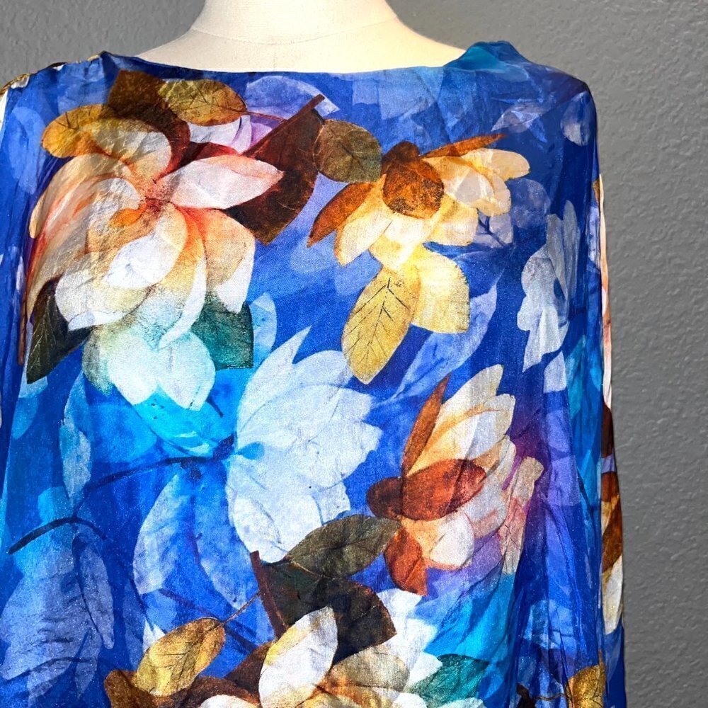 BELLA AMORE Made in Italy Silk Dolman Top Blue Floral Chiffon Pullover -EUC - OS - Picture 2 of 8